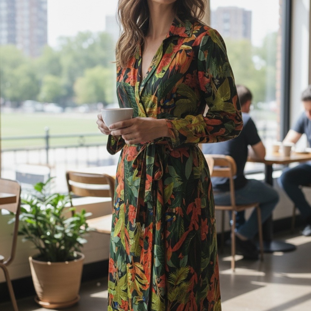 Tropical Wrap Maxi Dress in Green and Orange - Classic Shirt Style